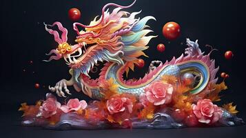 AI generated Happy chinese new year the dragon zodiac sign with flower, lantern, chinese elements on color background. made from resine luxury style. 3d render, transparent resine. photo