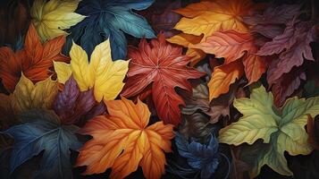 AI generated Multicolored fallen maple leaves, vibrant autumn panoramic background. photo