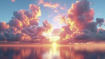 AI generated the evening sky is filled with Altocumulus clouds, adding dramatic colors to the beautiful sunset view. photo