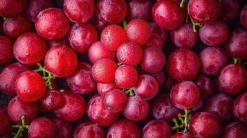 AI generated Red Grapes background. Neatly arranged clusters of red grapes, an artistic arrangement to highlight the color and beauty. photo