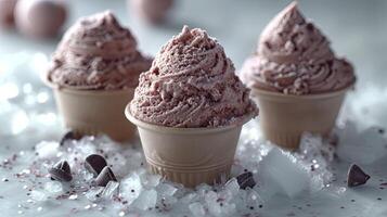 AI generated Delicious chocolate ice cream with ice cubes and choco chips, sweet dessert background. photo