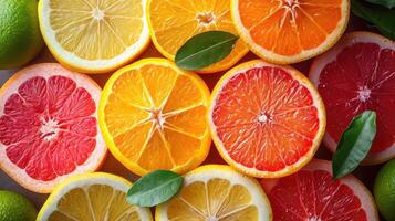 AI generated An elegant background with slices of various citrus fruits like oranges, lemons, and limes arranged artistically for a freshness. photo