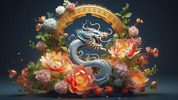 AI generated Happy chinese new year the dragon zodiac sign with flower, lantern, chinese elements on color background. made from resine luxury style. 3d render, transparent resine. photo