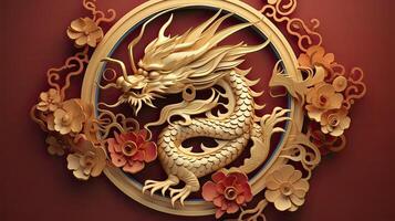 AI generated Happy chinese new year the dragon zodiac sign with flower,lantern,asian elements gold paper cut style. photo