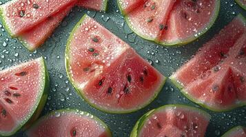 AI generated Piles of fresh watermelons slices filled the entire space. wet with water droplets, photographed from above. photo