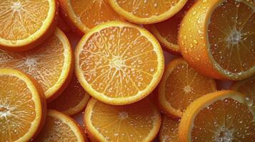 AI generated Close up of fresh oranges slice background wet with water droplet. Top view. photo