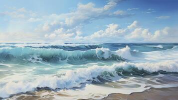 AI generated Beautiful blue ocean waves on clean sandy beach background. Summer vacation illustration concept. photo