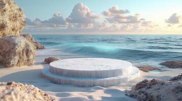 AI generated close-up a white podium in round-shaped displayed on the sand. Blue sky background. photo