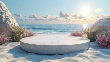 AI generated close-up a white podium in round-shaped displayed on the sand. Blue sky background. photo