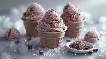 AI generated Delicious chocolate ice cream with ice cubes and choco chips, sweet dessert background. photo