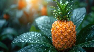 AI generated Tropical Pineapple Paradise - a background showcasing a tropical paradise with a pineapple, capturing the exotic and vibrant essence of the fruit wet with water droplet. photo