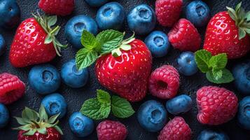AI generated Mix of berries such as strawberries, blueberries, and raspberries arranged artfully for a burst of color background. photo