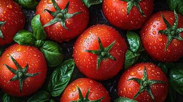 AI generated Tomato background. fresh tomatoes creatively arranged, an artistic layout to showcase color and shape. photo