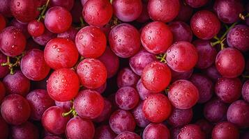 AI generated Red Grapes background. Neatly arranged clusters of red grapes, an artistic arrangement to highlight the color and beauty. photo