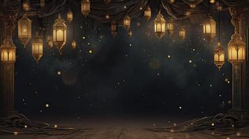 AI generated Ramadan themed background, shiny nipple wall, gold lanterns in the corner, gold particles and small lanterns hanging, Art Nouveau style photo