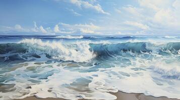 AI generated Beautiful blue ocean waves on clean sandy beach background. Summer vacation illustration concept. photo