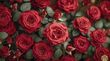 AI generated Red rose garden background, aerial view. valentine's day background. photo