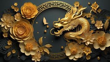 AI generated Happy chinese new year 2024 the dragon zodiac sign with flower,lantern,asian elements gold paper cut style on color background. luxury style. copy space. photo