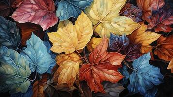 AI generated Multicolored fallen maple leaves, vibrant autumn panoramic background. photo