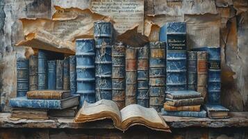 AI generated Pile of old parchment paper and vintage texture background of old damaged books. photo