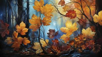 AI generated Multicolored fallen maple leaves, vibrant autumn panoramic background. photo
