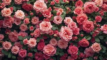 AI generated Pink rose garden background, aerial view. valentine's day background. photo