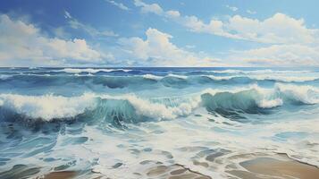 AI generated Beautiful blue ocean waves on clean sandy beach background. Summer vacation illustration concept. photo