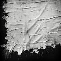 AI generated black and white grunge of a torn white fabric, black background, photo