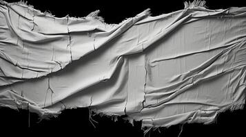 AI generated black and white grunge of a torn white fabric, black background, photo