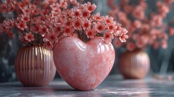 AI generated cherry blossoms in a pink heart pot on the table. valentine background photo