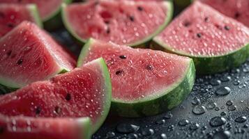 AI generated Piles of fresh watermelons slices filled the entire space. wet with water droplets, photographed from above. photo