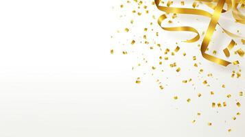 AI generated Golden Tiny Confetti And Streamer Ribbon Falling On White Background. 3d render elegant. photo