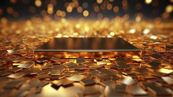 AI generated Glossy golden square podium among thousands of falling golden confetti. photo