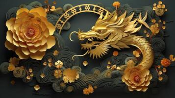 AI generated Happy chinese new year 2024 the dragon zodiac sign with flower,lantern,asian elements gold paper cut style on color background. luxury style. copy space. photo