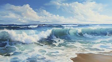 AI generated Beautiful blue ocean waves on clean sandy beach background. Summer vacation illustration concept. photo