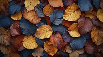 AI generated Pile of colorful autumn leaves on the ground. Autumn background. photo