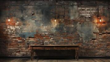 AI generated Industrial backdrop. Empty room with wooden table and brick wall behind it. photo