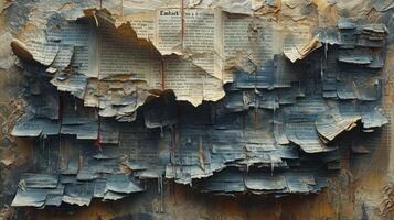 AI generated Pile of old parchment paper and vintage texture background of old damaged books. photo