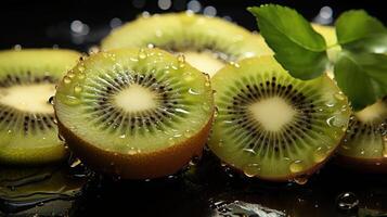 AI generated Exotic Kiwi background. Exotic appeal of perfectly round kiwi slices. photo