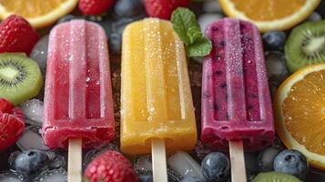 AI generated Fresh fruit popsicles on a white table. fruit popsicles, kiwi, strawberry, orange. Sweet desert background. photo