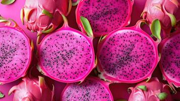 AI generated Stunning background featuring slices of vibrant dragon fruit arranged artistically, capturing the exotic appeal and refreshing hues, full of frame, fresh vibe, top of view, photo