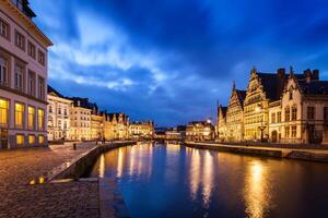 Ghent canal, Graslei and Korenlei streets in the evening. Ghent, photo