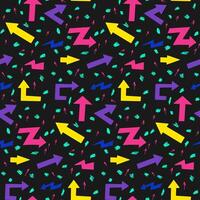 90s style vintage pattern with neon colored arrows on black background. Different type of direction signs, hand drawn arrows, stars and abstract scribbles. Good for social media graphics, background vector