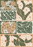 vertical gráfico póster con resumen plantas con flores y hojas. plano botánico composición en grabado técnica con grunge textura y arañazos ideal para hogar decoración, carteles vector