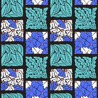 Botanical pattern with square shape illustration on black background. Flat hand drawn cut out flowers, leaves in bright colors. Unique retro print design for textile, wallpaper, interior, wrapping vector