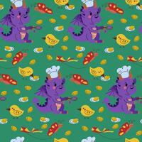 Cute dragon cooking pancakes seamless pattern. Kids fun concept. Vector kids illustration in kawaii cartoon style. Trendy print design for textile, wallpaper, wrapping, background