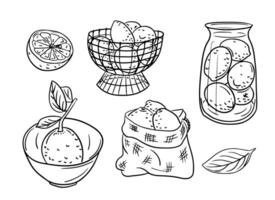 Doodle hand drawn outline set with groups of lemons. Sketchy black contour cut and whole fruits in bowl, in jar and in a sack on white background. Ideal for coloring pages, tattoo, pattern vector