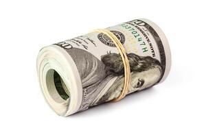 Roll of hundred dollar bills isolated photo