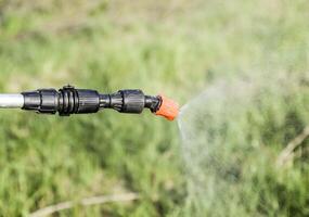 Spraying herbicide from the nozzle of the sprayer manual photo