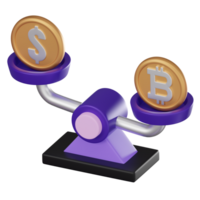 Financial Balance Currency Flows, Dollar and Bitcoin Icons for Currency Power. 3D render. png